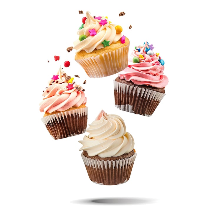 Foto i cupcake galleggiano su uno sfondo bianco senza ombra stilizzare 50 job id d06b357260ac456bba95b09dbc3c