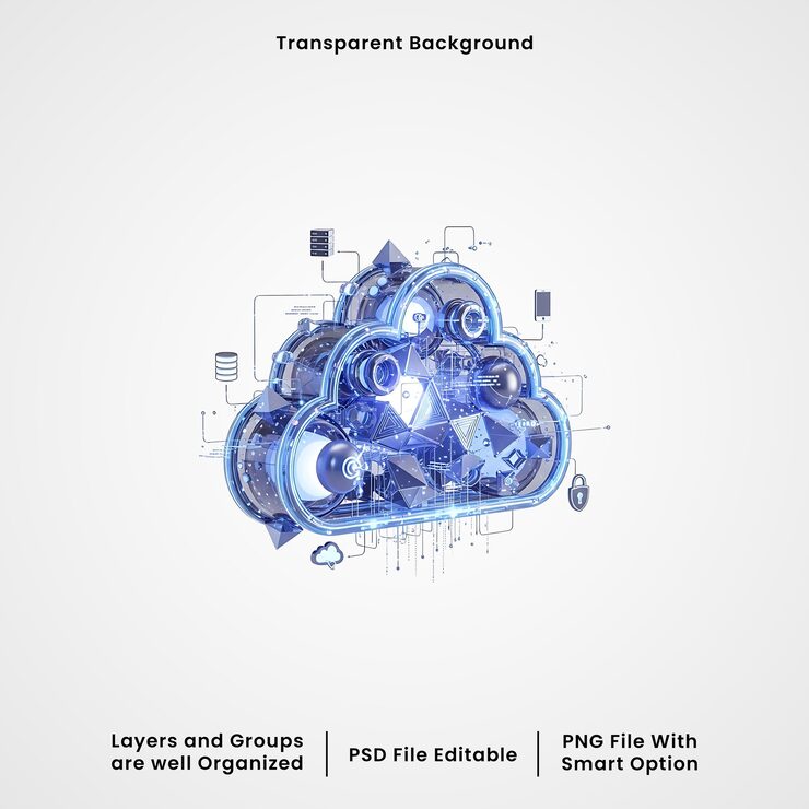 Photo infrastruktur komputasi awan 3d dengan komponen mekanis terisolasi