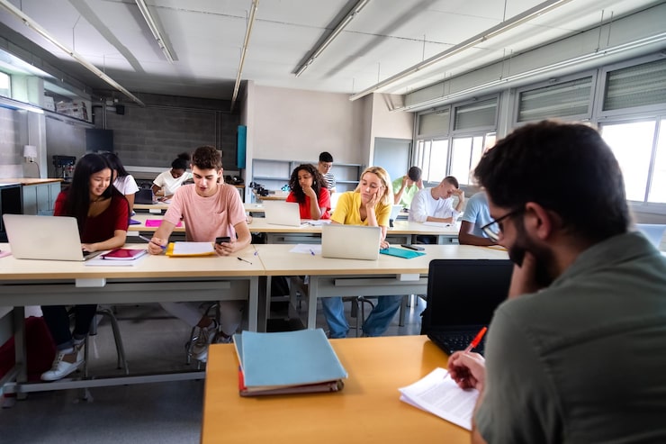 Foto insegnante caucasico che segna gli esami mentre gli studenti multirazziali studiano e usano i portatili in classe