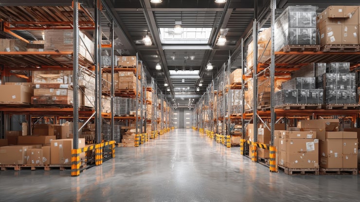 Photo interior gudang modern dengan rak tinggi dan kotak bertumpuk