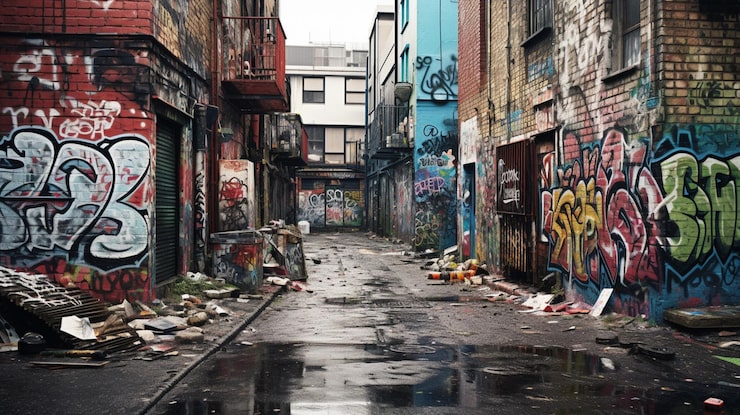 Photo jalanan kotor, dinding grafiti, kehidupan kota yang kacau