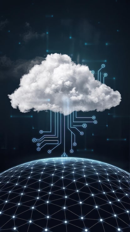 Photo komputasi awan mentransfer data besar pada teknologi digital futuristik internet