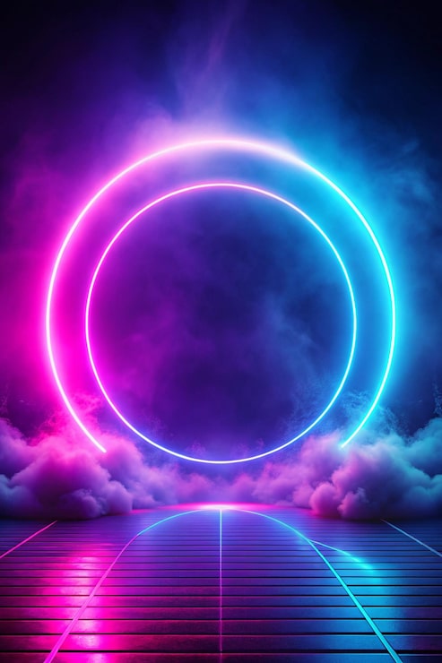 Photo lingkaran bercahaya synth wave retro wave vaporwave estetika futuristik gaya neon bercahaya latar belakang wallpaper horizontal flyer bergaya untuk penawaran iklan