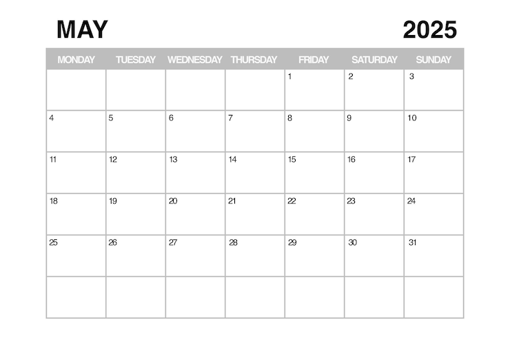 Foto maggio 2025 modello di pianificazione del calendario mensile rendering 3d