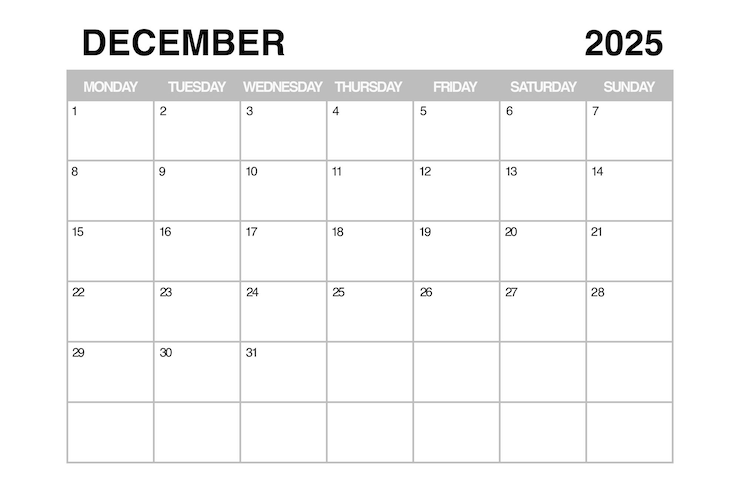 Foto modello di agenda mensile per dicembre 2025, rendering 3d