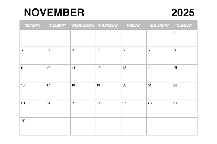 Foto modello di calendario mensile per novembre 2025, rendering 3d