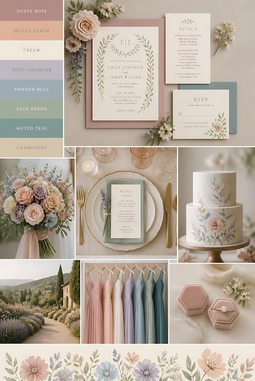 Foto mood board nuziale e modello di suite di inviti