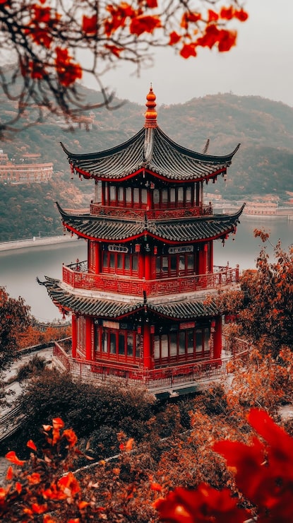 Foto pagoda serena in mezzo al fogliame autunnale e alla vista panoramica sull'acqua