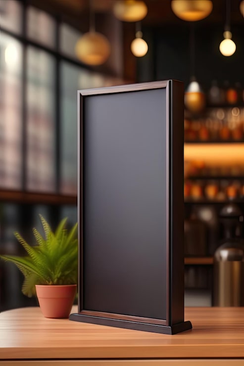 Photo papan tulis kosong ditempatkan dengan latar belakang kafe buram