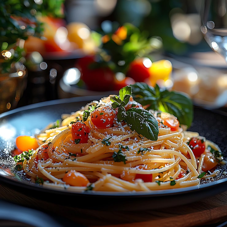 Foto pasta araffy con pomodori e basilico su un piatto con un bicchiere di vino