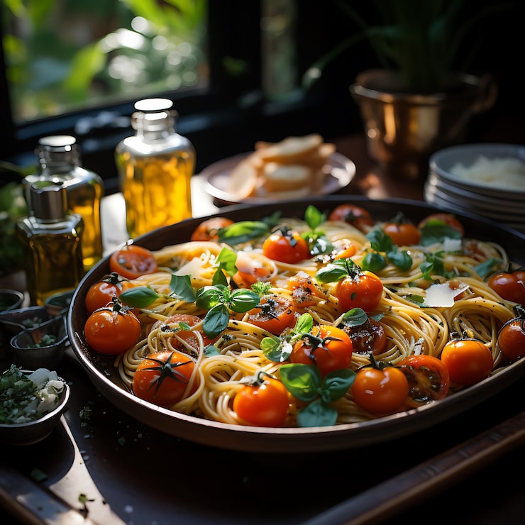 Foto pasta con pomodorini cocktail basilico aglio olio d'oliva servita sul tavolo da pranzo fotografata da abo