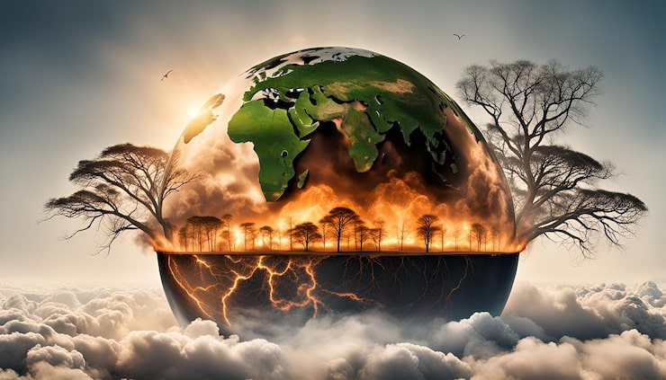 Photo pemanasan global di bumi dengan deforestasi dan asap