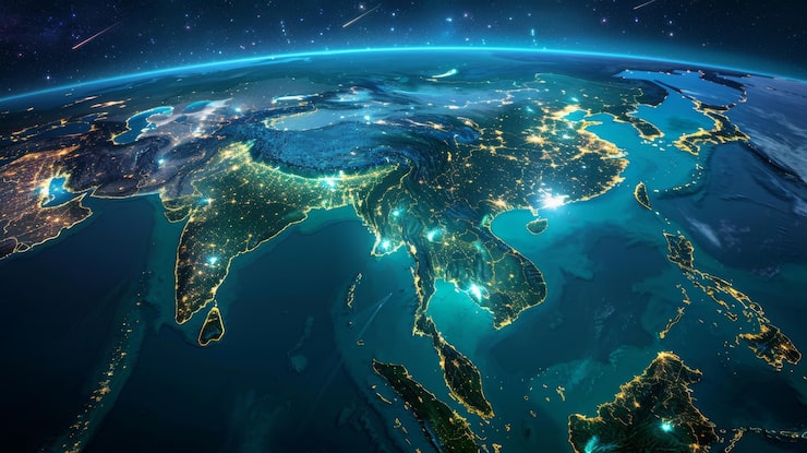 Photo pemandangan satelit asia pada malam hari yang menampilkan lampu kota yang bersinar dan lanskap yang diterangi