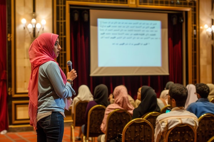 Photo pembicara wanita muslim memberikan presentasi di aula pada lokakarya universitas