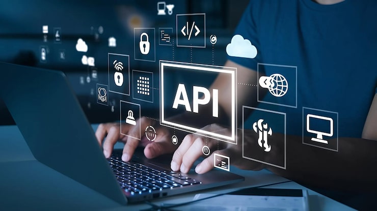 Photo pengembangan api dan integrasi insinyur perangkat lunak pemrograman dengan hamparan antarmuka digital