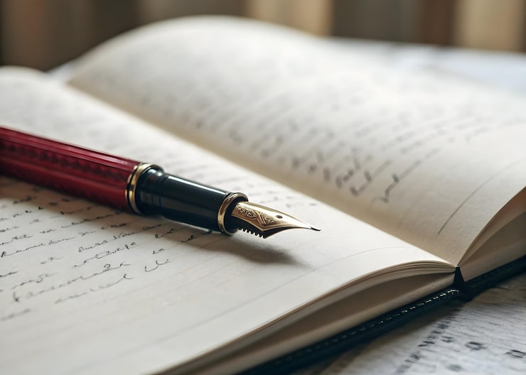 Foto penna stilografica rossa appoggiata su un quaderno aperto con scrittura a mano alla luce soffusa del giorno