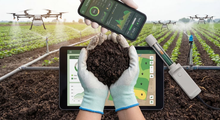 Photo petani memantau data tanah dan tanaman dengan teknologi digital di lahan pertanian