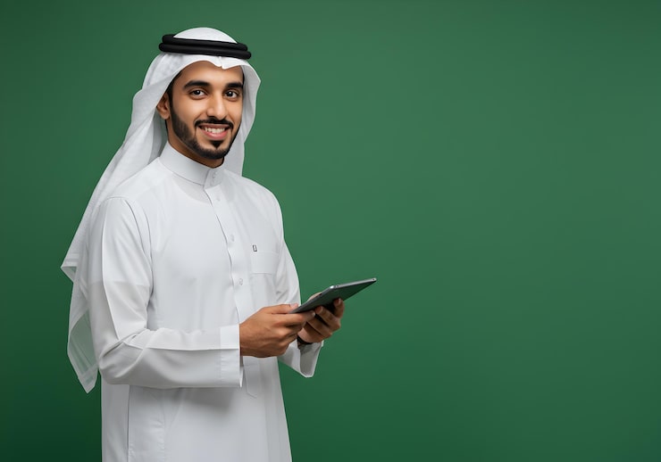 Photo pria arab menggunakan tablet pria arab saudi model iklan teluk tradisi kantor thobe