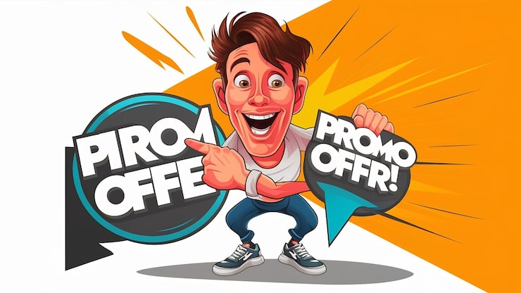 Photo pria berambut cokelat yang bersemangat mengatakan wow tersenyum kagum menunjuk jari ke kiri pada logo dan menunjukkan keren luar biasa