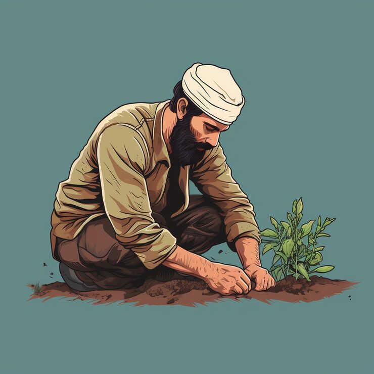 Photo pria tukang kebun pakistan menanam di tanah hijau tampak dari belakang