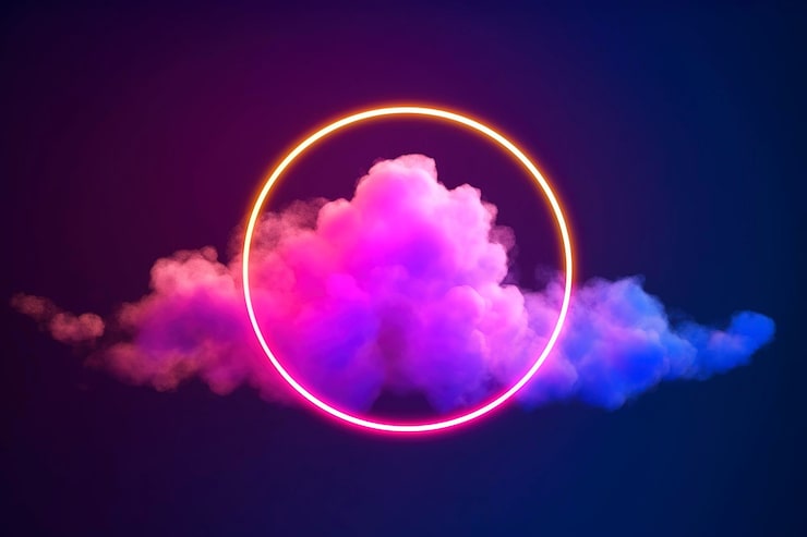 Photo render 3d awan abstrak diterangi dengan cincin lampu neon di langit malam yang gelap bentuk geometris bercahaya bingkai bulat hasil dari ai