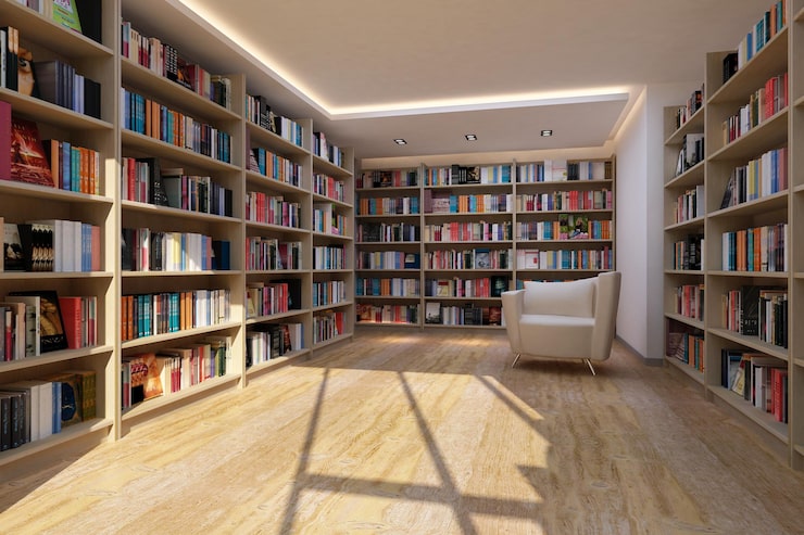 Foto scaffali in legno e vetro con diversi libri biblioteca illustrazione 3d