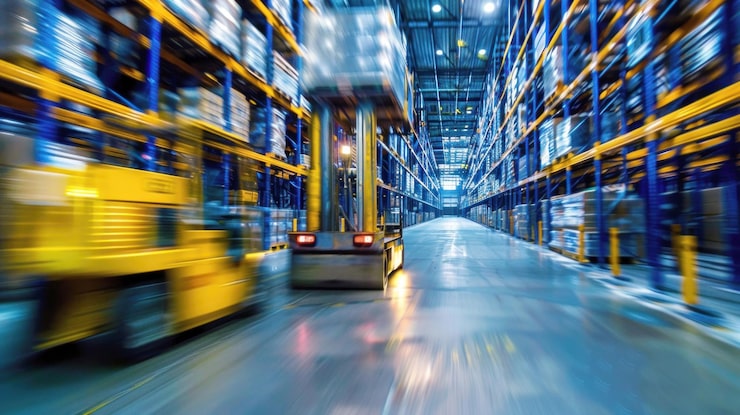 Photo sebuah forklift sedang melaju melalui gudang