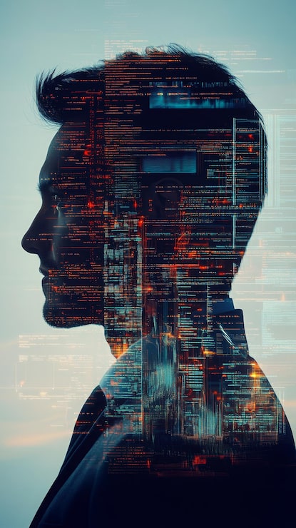 Photo seorang pengusaha dalam profil dengan arsitektur futuristik dan garis-garis kode yang dilapisi secara halus di atas sosoknya