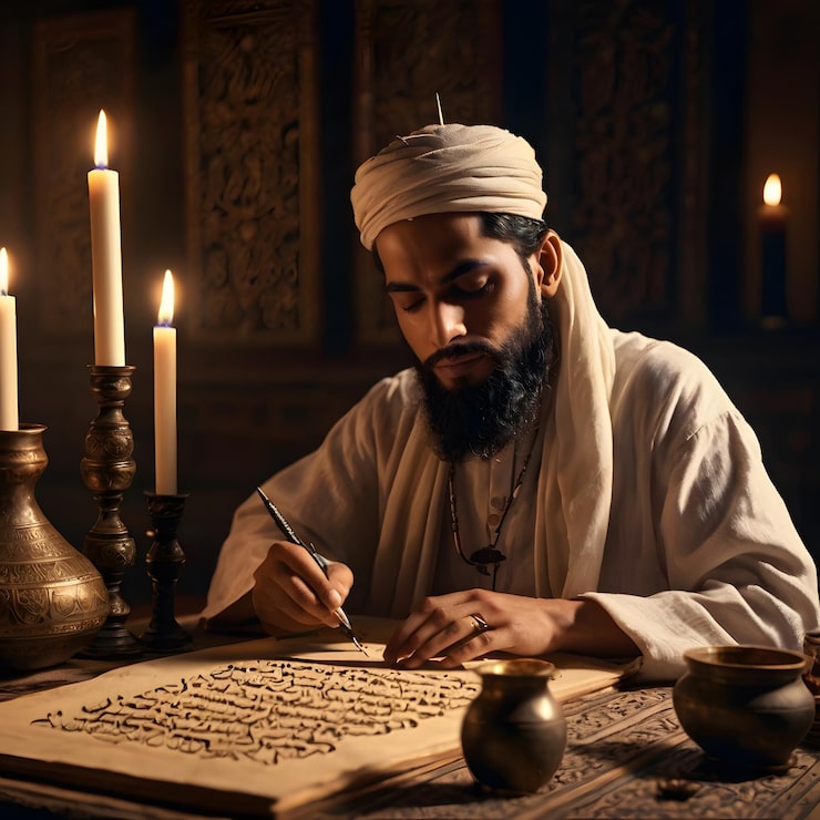 Photo seorang pria menulis di atas kertas dengan pena dan lilin di tengahnya
