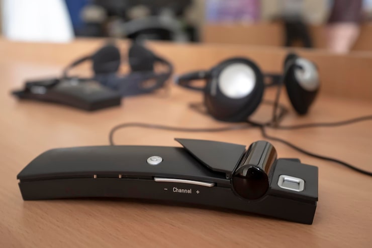 Photo sistem penerjemahan simultan nirkabel dengan headphone terletak di atas meja