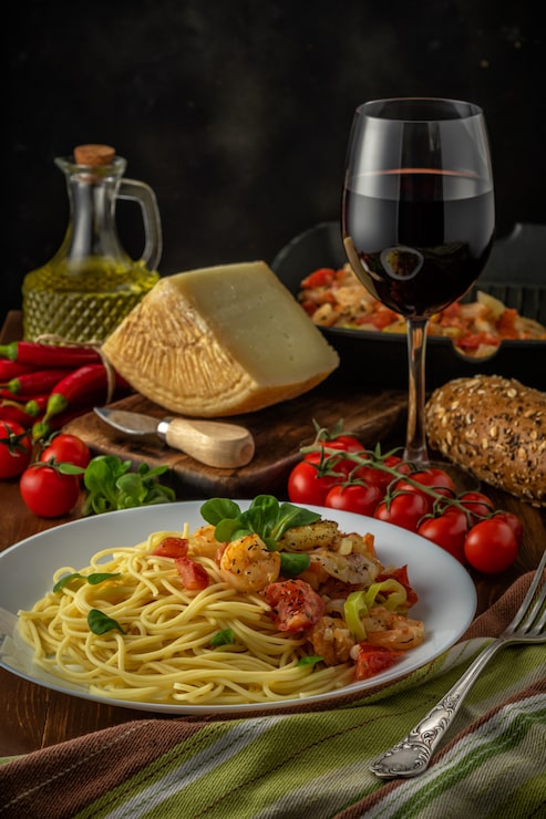 Foto spaghetti con gamberetti, pomodorini e spezie su fondo di legno. sfondo di cibo.