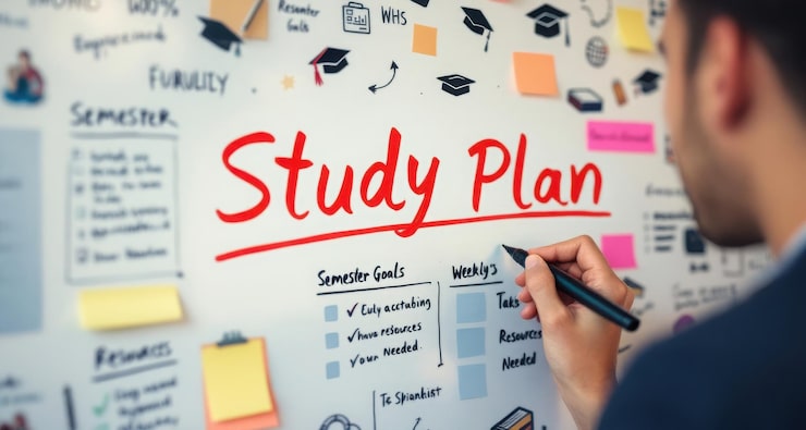 Foto strategia efficace per il piano di studi: studente scrive obiettivi, compiti e risorse sulla lavagna