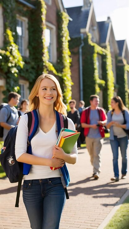 Foto studente allegra con cartella e libri di testo