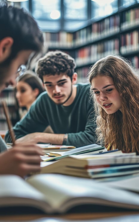 Foto studenti che studiano insieme nella biblioteca universitaria
