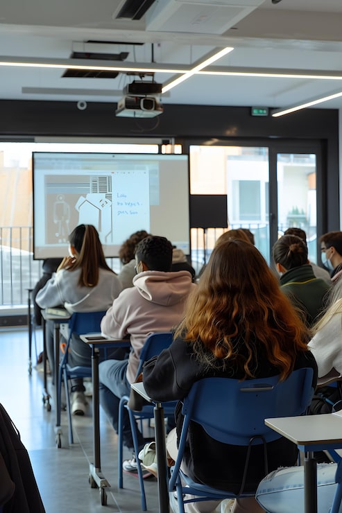 Foto studenti impegnati nell'apprendimento in una classe universitaria con portatili e lavagna