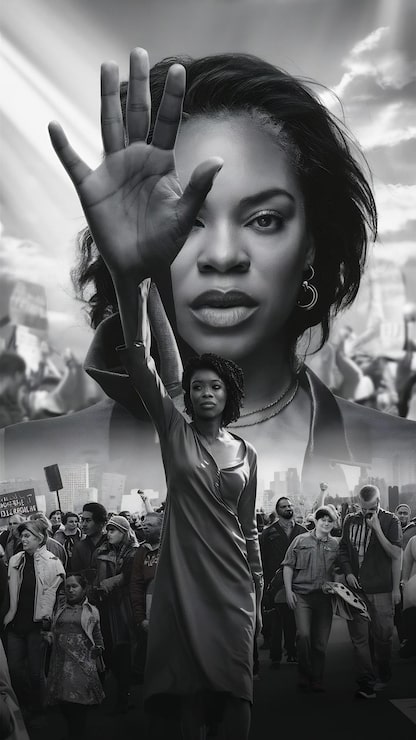 Photo tampak dari sudut rendah wanita afrika amerika dengan gerakan menyilangkan lengan berpartisipasi dalam protes untuk hu