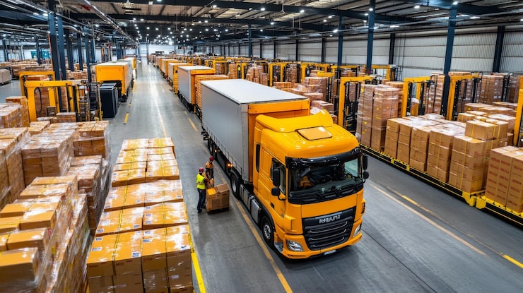 Photo tampilan sudut lebar interior fasilitas logistik