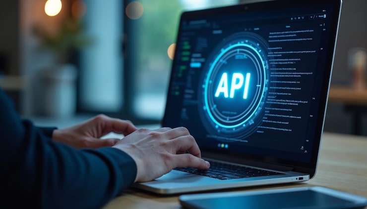 Photo tangan mengetik di laptop dengan logo api untuk representasi teknologi dan pengembangan