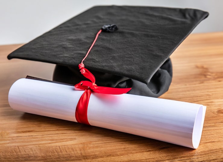 Foto tappo di graduazione con nappa d'oro isolato su sfondo bianco