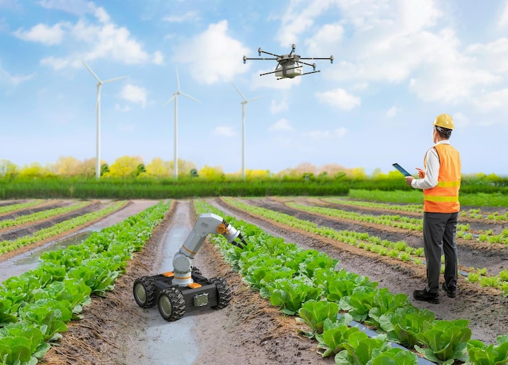 Photo teknologi pertanian dengan insinyur pertanian bekerja dengan drone terbang di atas