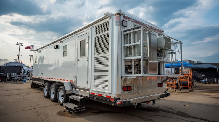 Photo trailer genset besar luar ruangan untuk acara dan penyimpanan peralatan