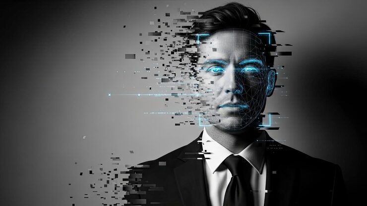 Photo transformasi digital wajah pria dengan data glitch dan mata bercahaya