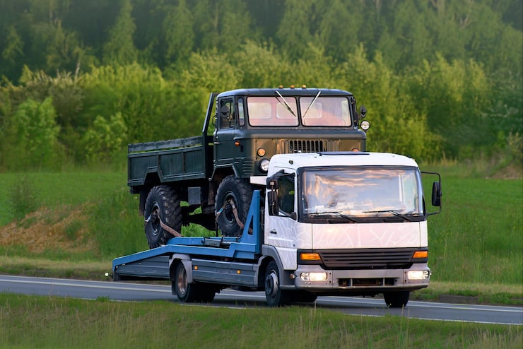 Photo truk offroad dipindahkan oleh pengangkut mobil