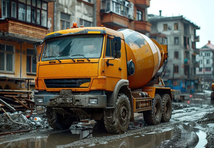Photo truk semen kuning bekerja di lokasi konstruksi dengan latar belakang rumah di bawah langit mendung