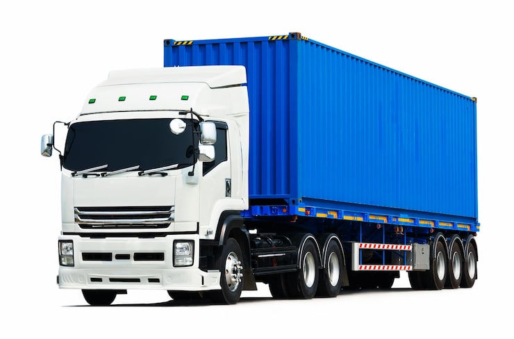Photo truk semi trailer terisolasi di atas latar belakang putih pengiriman kontainer kargo truk pengangkut logistik