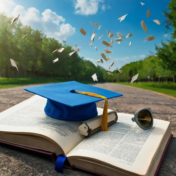 Foto un berretto di laurea si siede su un libro con un cielo blu sullo sfondo