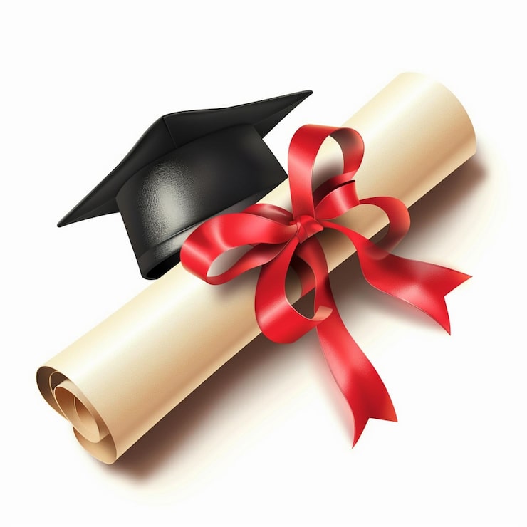 Foto un berretto di laurea su un diploma con un nastro rosso