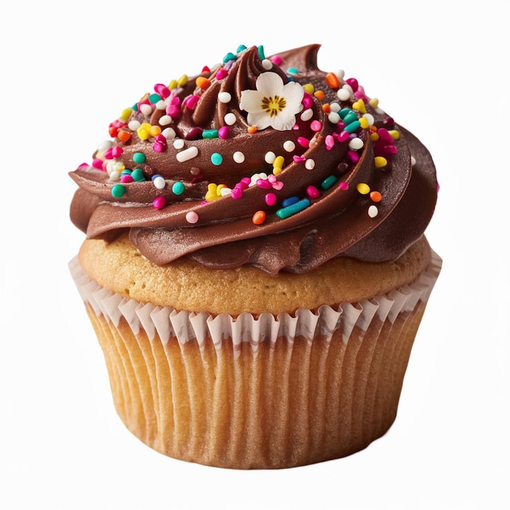 Foto un cupcake con glassa di cioccolato e spruzzate su di esso