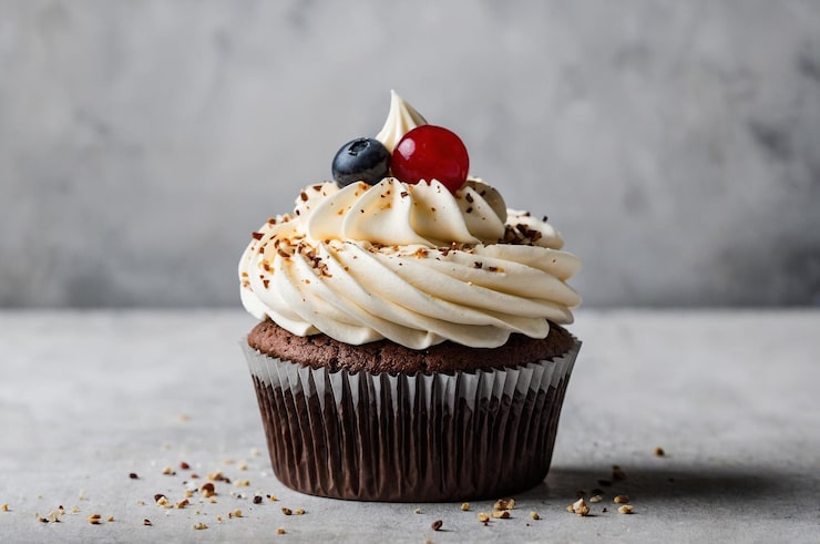 Foto un cupcake con glassa di cioccolato e una ciliegina sopra