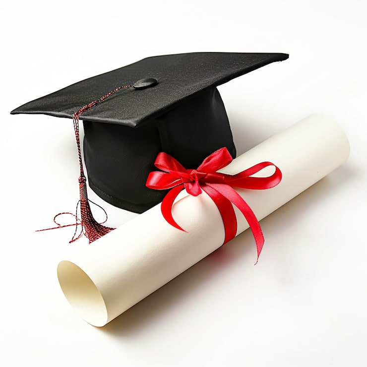 Foto un futuro luminoso davanti al berretto di laurea e al rotolo del diploma legati con un nastro su uno sfondo bianco